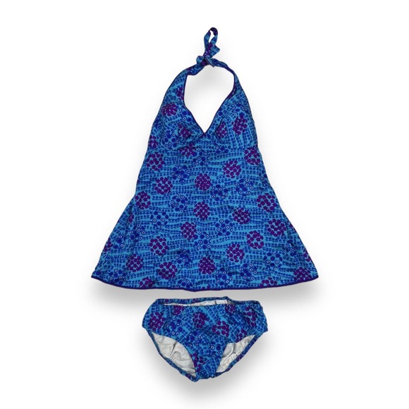 Vintage 60s 70s Blue Floral Two-piece Tank‎ Swimsuit Set - Picture 1 of 7